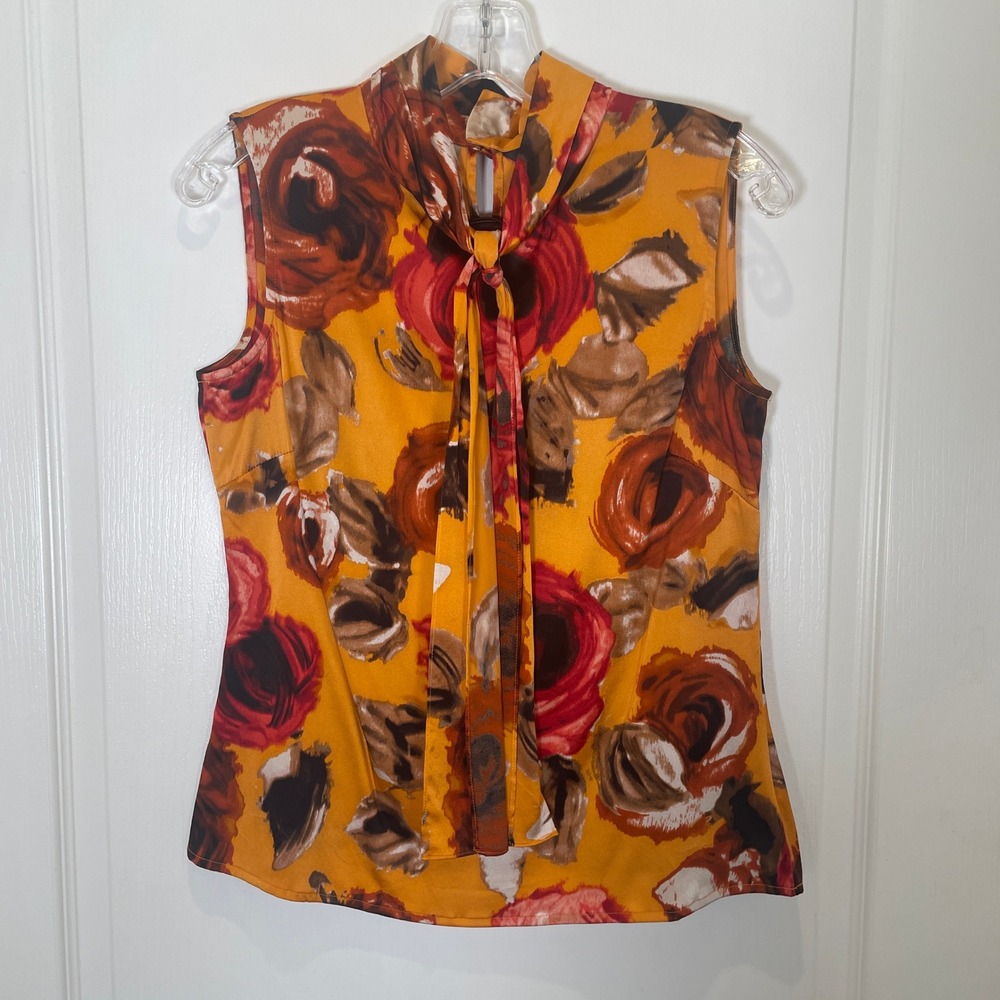 St. John Floral Silk Tie Neck Sleeveless Blouse Orange Red Rose Print Size 4 - Picture 2 of 7